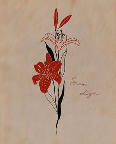 a drawing of two red flowers on a beige background