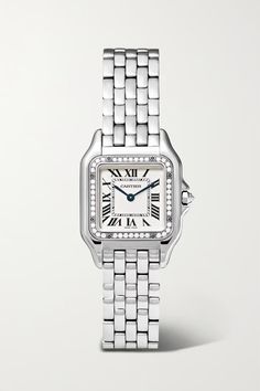 CARTIER Panthère de Cartier 22mm small stainless steel and diamond watch | NET-A-PORTER Designer Jewelry Silver, Cartier Watch Aesthetic, Cartier Collection, Timeless Watch, Cartier Watches Women, Jewellery Luxury, Womens Designer Watches, Face Features, Cartier Panthere