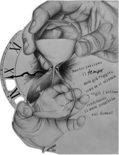 a drawing of two hands holding an hourglass