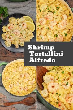 shrimp and tortellini alfredo in a skillet