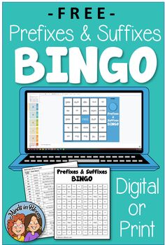 a laptop computer with the text free printables and suffixes bingo