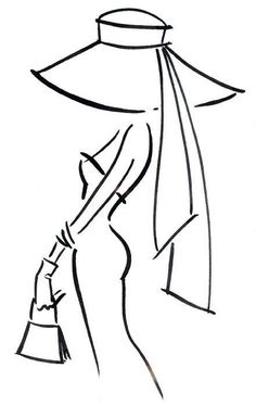 a black and white drawing of a woman with a hat on her head holding a purse