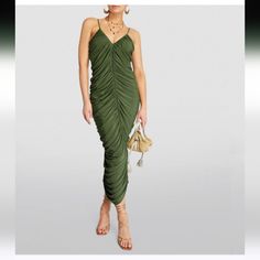 New With Tags Beautiful Dress And Stretches Well Green Ruched Maxi Dress, Ruched Draped Maxi Dress For Date Night, Green Ruched Draped Maxi Dress, Green Evening Dress With Ruched Sides, Green Ruched Dress For Date Night, Black Tie Cocktail Dress, Fishtail Midi Dress, Drape Gown, Norma Kamali Dress