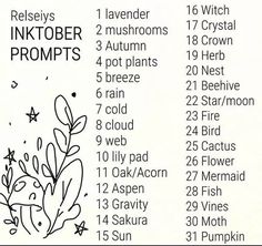 the inktober proms list is shown in black and white