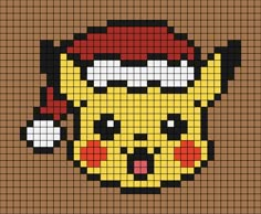 A pixel art template of Pikachu's face with a traditional Christmas hat on. Melty Bead Patterns Pokemon, Pokemon Christmas Perler Beads, Holiday Pixel Art, Christmas Pixel Grid, Perler Bead Patterns Pokemon