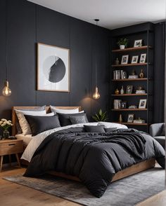 a bedroom with black walls and white bedding