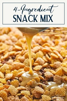 a bowl filled with cheesy snack mix and the words, 4 ingredient snack mix