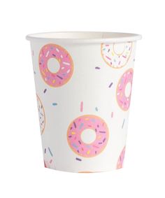 a paper cup with donuts printed on it