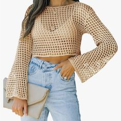 -Khaki Color -Knit -Never Been Worn -Brand New -Bell Sleeve Fishnet Crochet, Crochet Clothing And Accessories, Crochet Crop, Crochet Crop Top, Cover Ups, Khaki Color, Long Sleeve Crop Top, Crochet Clothes, Ups