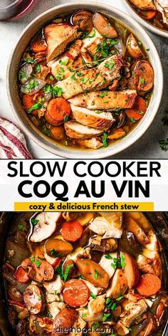 slow cooker coq au vin with chicken, carrots and potatoes