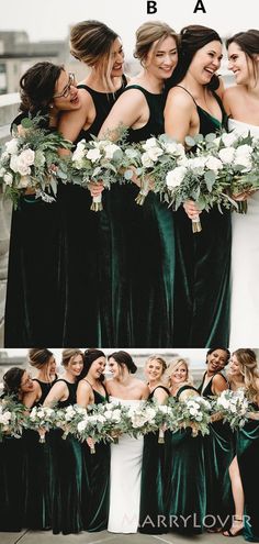 the bridesmaids are all wearing green dresses and bouquets with white flowers on them