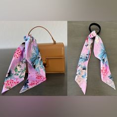 This Is A Light Purple & Pink Floral Scarf On An Elastic Tie. The Scarf Can Be Detached And Used As A Purse Scarf. - Scarf Measures: 18" X 18" - Satin Look - Soft Hair Tie - Scarf Can Be Tied To A Purse To Add Visual Interest Or A Pop Of Color Purse Available In Boutique! From A Smoke-Free, Pet-Free Home. Purple Bags For Spring Season Gift, Bag Scarf, Purse Scarf, High Road, Tie Scarf, Floral Squares, Twilly, Elastic Hair Ties, Floral Scarf