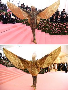 two pictures of the same woman's body with gold wings on top and bottom