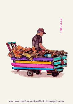 a drawing of a man sitting on top of a cart filled with luggage and bags