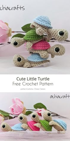 crocheted turtle with flowers and leaves on it's back is shown in two different colors