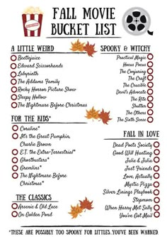 the fall movie bucket list is shown in black and white with orange leaves on it