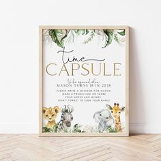 a wooden frame with the words time capsule on it and an image of two animals