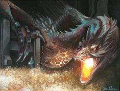 a painting of a dragon with it's mouth open