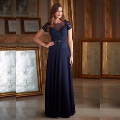 Short Sleeve A-Line Cap Sleeve Lace Chiffon Navy Blue Long Evening Mother Of The Bride Dress Blue Chiffon Dress With Sheer Sleeves, Blue Chiffon Dress With Sheer Bodice, Elegant Blue Chiffon Prom Dress, Blue Chiffon Mother Of The Bride Dress, Blue Georgette Dress For Banquet, Fitted Chiffon Dress With Illusion Neckline, Blue Evening Dress With Sheer Sleeves, Elegant Blue Fitted Chiffon Dress, Evening Chiffon Dress With Illusion Neckline