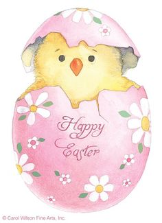 a watercolor painting of a chick in an egg with flowers on it's side