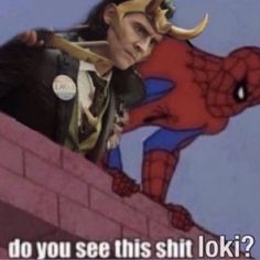 spider - man with horns standing on top of a brick wall next to a demon