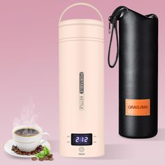 a cup of coffee next to a thermos and an insulated bag on a pink background