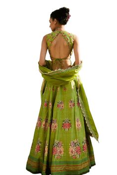 Green lehenga with floral bouquet print and embellishments. Paired embroidered blouse and scallop lace border dupatta. - Aza Fashions Green Floral Bouquet, Lehenga Pattern, Basil Leaf, Green Lehenga, Lace Border, Scalloped Lace, Embroidered Blouse, Floral Bouquets, Set For Women