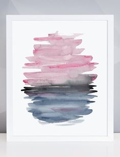 a watercolor painting with pink, blue and grey colors on the top of it