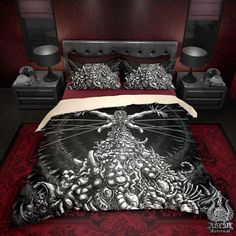 a black and white bed in a red room