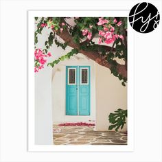 an image of a blue door with pink flowers in front of it and a tree