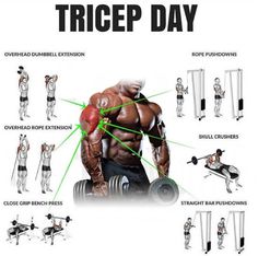 an image of a man doing exercises with the words tricep day