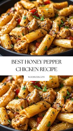 two photos of pasta with chicken and tomatoes in a skillet, the top photo is shown