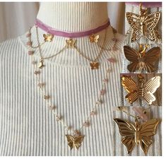 Butterflies see a range of ultraviolet color invisible to the human eye. And, of course, butterflies can see the beautiful pink and gold colors that make up this unique 2-Layer necklace that gives you that layered necklaces look in one convenient piece!   The first layer features a golden filagree cut-out butterfly pendant with draping gold chains that have various golden butterfly charms hanging from a pink velvet choker. The second layer has a medium-size golden butterfly pendant hanging from Gold Butterfly Necklace For Party, Gold Butterfly Jewelry For Festival, Pink Butterfly Necklace For Party, Trendy Pink Butterfly Necklace For Gift, Trendy Pink Butterfly Necklace Gift, Elegant Pink Butterfly Necklace Gift, Choker Butterfly, Ultraviolet Color, Handmade Pink Butterfly Necklace