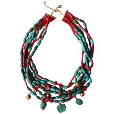 Very nice Multi tread necklace with antiques amazonite Italian red coral Chinese antiques turquoise stone, Little gold buddha bell. Total length 48cm adjustable. Gold 18kt gr. 19,00. All Giulia Colussi jewelry is new and has never been previously owned or worn. Each item will arrive at your door beautifully gift wrapped in our boxes, put inside an elegant pouch or jewel box. Turquoise Coral Jewelry, Statement Wedding Jewelry, Elegant Pouch, Gold Buddha, Red Coral Necklace, Antique Turquoise, Romantic Necklace, Amazonite Necklace, Coral And Gold