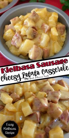 there is a plate of food with ham and cheese on it, along with the words kielbasa sausage cheesy potato casserole