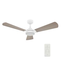 a white ceiling fan and remote control on a white background with the light turned off