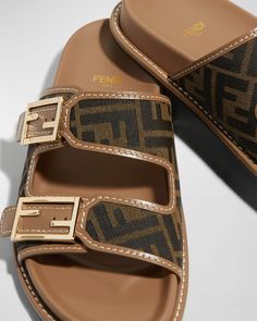 Fendi FF Jacquard Dual Buckle Slide Sandals | Neiman Marcus Luxury Open Toe Slides With Tang Buckle, Designer Summer Slides With Tang Buckle, Designer Slides With Tang Buckle For Summer, Luxury Summer Slides With Tang Buckle, Luxury Slides With Buckle Closure, Luxury Flat Slides With Buckle Closure, Designer Flat Slides With Buckle Closure, Designer Brown Slides With Cushioned Footbed, Designer Brown Flat Slides