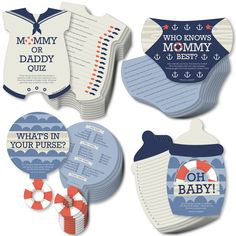 four baby shower items with the words, who knows mommy and what's in your purse?