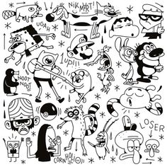 black and white drawing of various cartoon characters