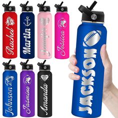 a hand holding a water bottle with the word football on it and six different colors