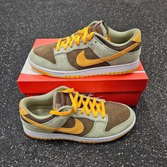 Brand New, Never Worn, In Original Box Nike Air Dunk Low Dusty Olive Green Pro Gold Dh5360-300 Men Size 12 Follow Me Ig : @Heartnsole10 Green Lace-up Basketball Shoes For Outdoor, Green Lace-up Outdoor Basketball Shoes, Brown Nike Skate Shoes For Sports, Nike Air Dunk Low, Dunk Low Dusty Olive, Air Dunk Low, Nike Air Dunk, Nike Air Huarache White, Nike Airmax 270