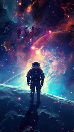 an astronaut standing on top of a planet surrounded by stars and planets in the sky