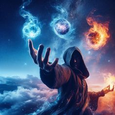 a man in a hoodie holding his hand up to the sky with planets above him