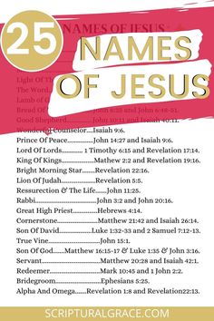 the 25 names of jesus on a pink and white background