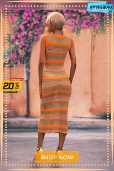 Vacays Chevron Knit Midi Dress - Orange Spring Beach Knit Sweater Dress, Casual Ribbed Midi Dress For Beach, Casual Spring Sweater Dress For Beach, Casual Summer Knit Sweater Dress, Ribbed Midi Sweater Dress For Summer, Casual Spring Sweater Dress For The Beach, Knit Knee-length Dress For Vacation, Casual Summer Sweater Dress For Day Out, Knee-length Knit Dress For Vacation