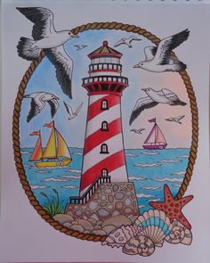 a drawing of a lighthouse surrounded by seagulls and seashells in a circle