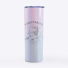 a stainless steel tumbler with the words fagittarius printed on it and an image of jesus