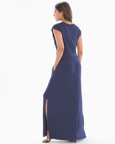 Soma Soft Jersey Sleeveless Knot Front Maxi Dress Navy V-neck Maxi Dress With Pockets For Daywear, Maxi Dress With Side Slits For Loungewear, Casual Maxi Dress For Loungewear, Solid Color Casual Full-length Maxi Dress, V-neck Maxi Dress With Side Slits For Daywear, Casual Solid Maxi Dress With Tie Waist, Casual Maxi Dress With Tie Waist, Maxi Dress With Pockets For Daywear, Soma Intimates