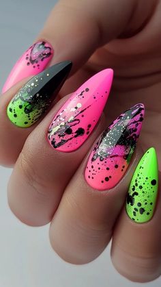 Get ready to make a bold statement with your nails! Neon nail designs are the perfect way to add a pop of vibrant color to your manicure and showcase your daring sense of style. Whether Neochrome Nails, Neon Fireworks Nails, 80s Neon Nails, Black And Bright Nails, Coral And Black Nails, Black Neon Nails, Black And Neon Nails, Neon Nails Ideas