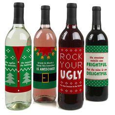 three bottles of wine with ugly christmas labels on the front and back, all in different designs